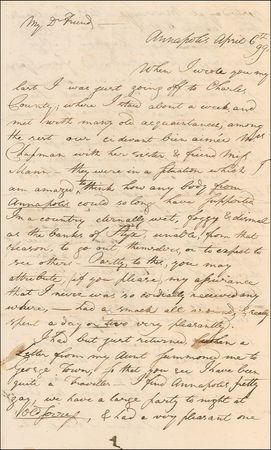 Lot #360 Francis Scott Key: ?I FIND ANNAPOLIS PRETTY GAY?: KEY describes a round of parties and his taste in women: ?I prefer the ?blue and laughing eye? of the Queen of Cyprus? - Image 1
