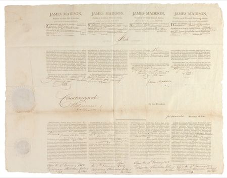 Lot #149 James Madison and James Monroe: Signing a ship’s papers months before the outbreak of the War of 1812 - Image 1