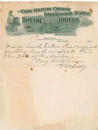 Lot #278 William F. ?Buffalo Bill? Cody: ?I SAID I WOULD PURCHASE THE PICTURE?: CODY agrees to buy an historical painting by Deeds of Valor artist Irving Bacon - Image 1