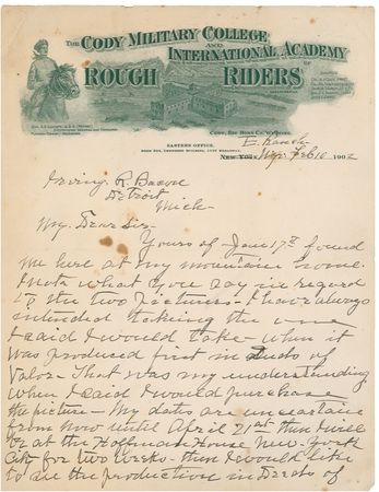 Lot #278 William F. ?Buffalo Bill? Cody: ?I SAID I WOULD PURCHASE THE PICTURE?: CODY agrees to buy an historical painting by Deeds of Valor artist Irving Bacon - Image 2