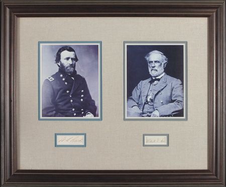 Lot #496 Robert E. Lee and U. S. Grant: HEAD TO HEAD: Framed Civil War display with the scarce full signature of ROBERT E. LEE - Image 1