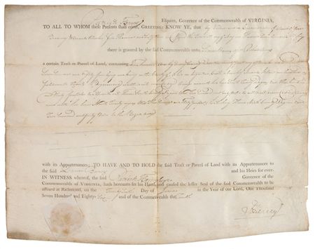 Lot #336 Patrick Henry: Signing a 1786 Virginia land grant - Image 1