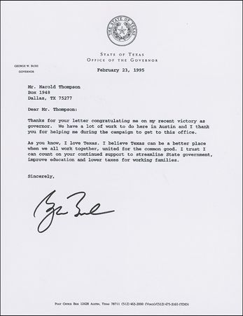 Lot #21 George W. Bush: As new governor: “We have