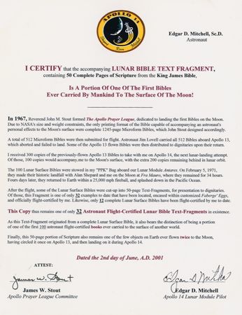 Lot #567 Edgar Mitchell: A LITTLE CLOSER TO HEAVEN: Scarce flown and astronaut-certified Bible text fragment, handsomely presented in a customized Fabergé egg - Image 3