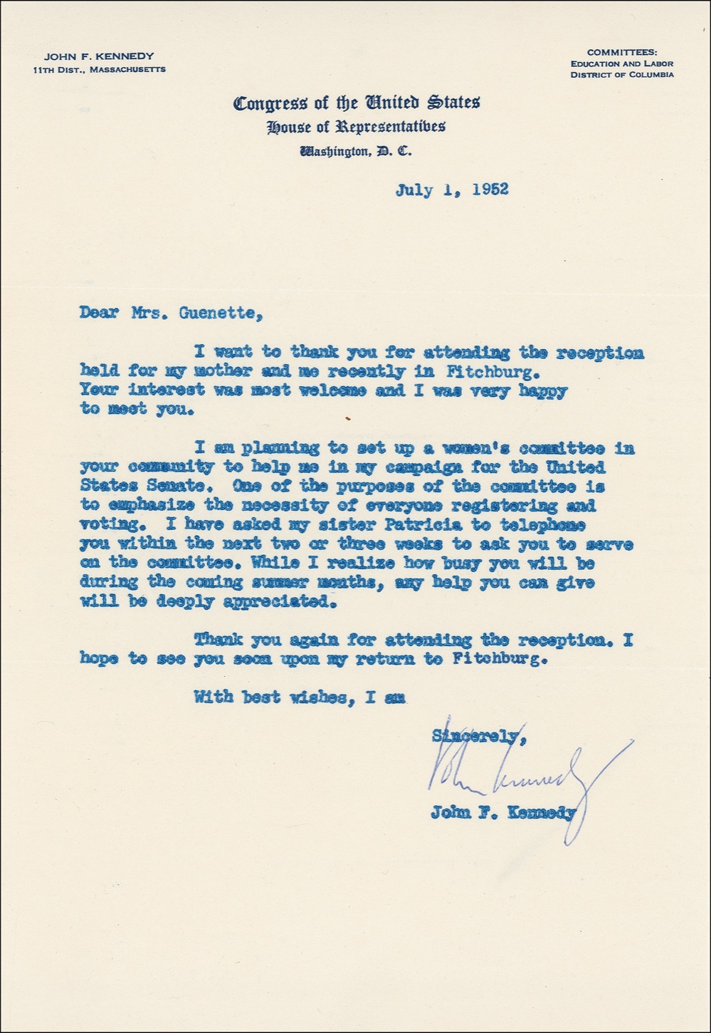 Lot 122 John F. Kennedy: ?THE NECESSITY OF EVERYONE REGISTERING AND VOTING?: JFK writes to a female constituent and mentions his mother and sister, Patricia