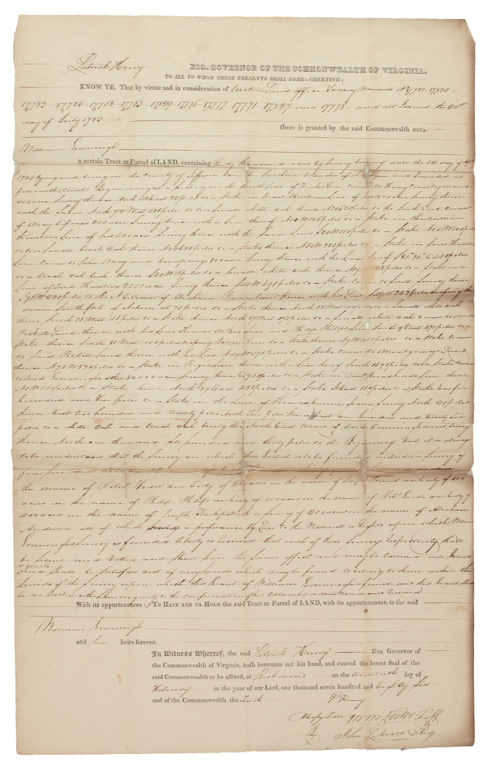 Lot 317 Patrick Henry: Signing a Virginia land grant