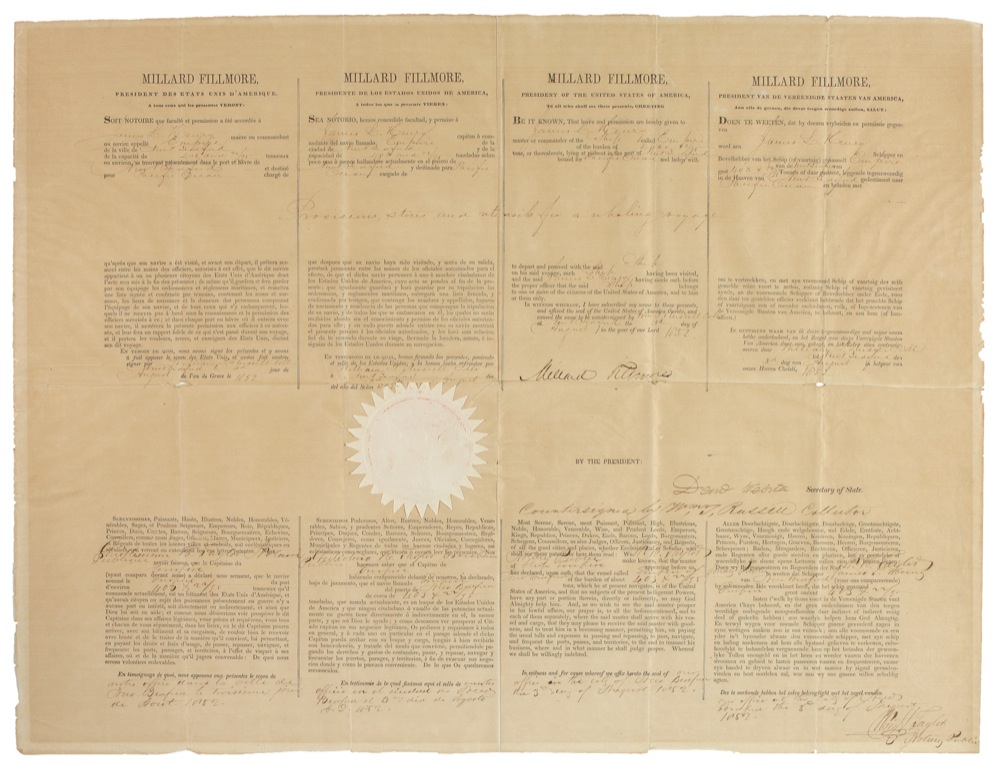 Lot 53 Millard Fillmore and Daniel Webster: Signing ship’s papers for an 1852 whaling vessel