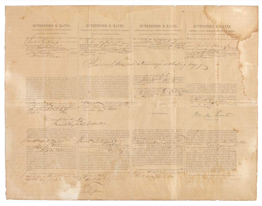 Lot 89 Rutherford B. Hayes: Signing a ship’s papers for a whaling voyage