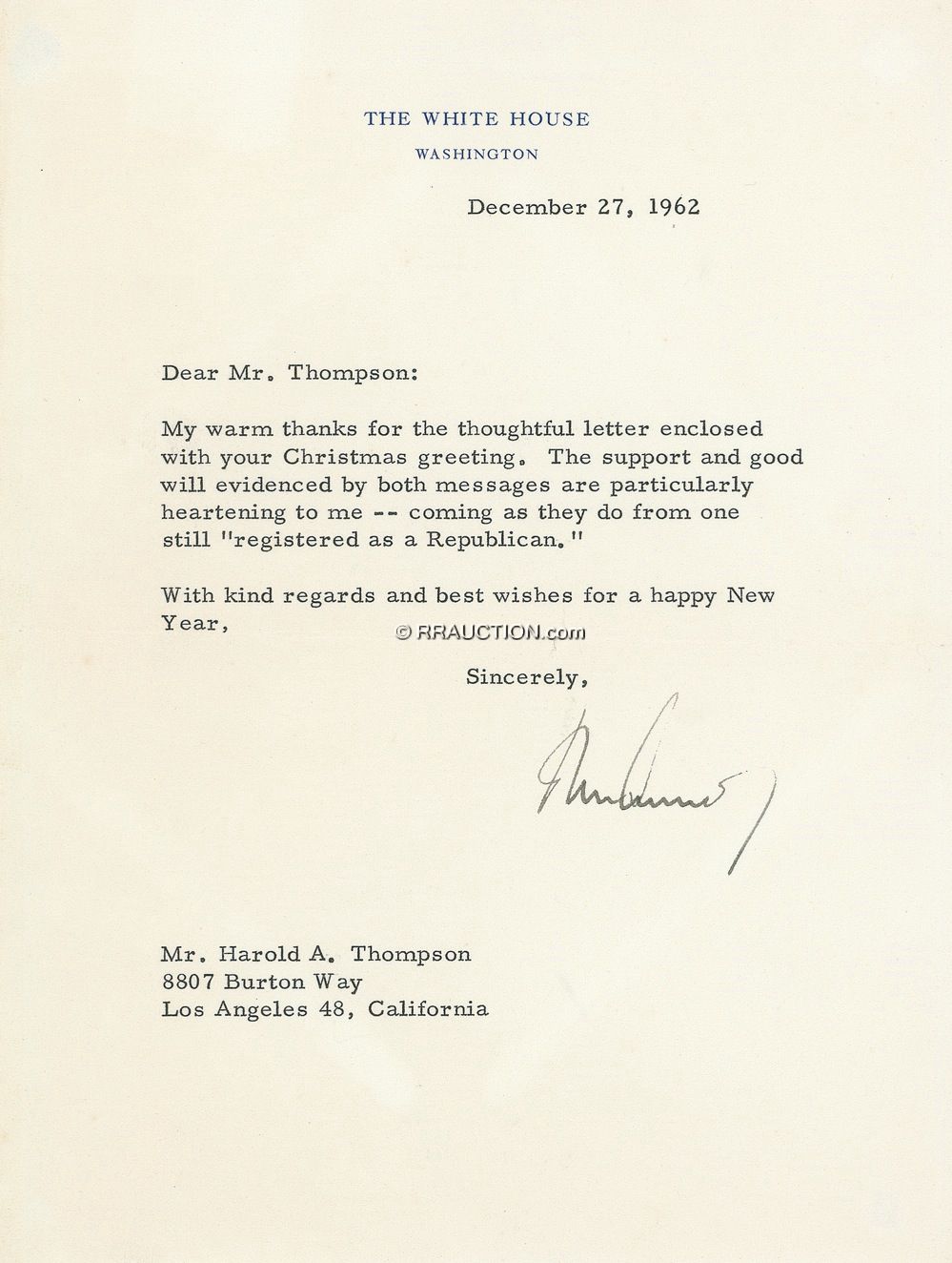 Lot 126 John F. Kennedy: ACROSS THE AISLE: JFK sends thanks and holiday greetings to an admirer “still registered as a Republican”