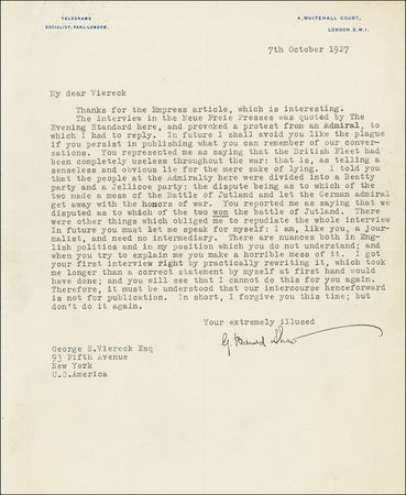 Lot #639 George Bernard Shaw: Shaw lashes out at friend and German sympathizer for misquoting him in the press, ?In the future I shall avoid you like the plague if you persist in publishing what you can remember of our conversations.? - Image 1