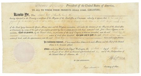 Lot #109 Thomas Jefferson and James Madison: LAND LOVERS: Jefferson and Madison sign an 1806 land grant - Image 1
