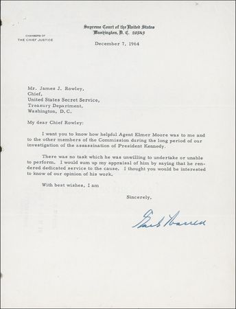 Lot #421 Warren Commission: “ASSISTANCE IN THE DEVELOPMENT OF THIS REPORT”: Astounding WARREN COMMISSION collection from the Secret Service agent who interviewed Ruby and served as the Chief Justice’s personal detail - Image 2