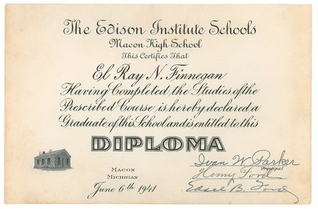 Lot #297 Henry and Edsel Ford: READIN’, WRITIN’, ROLLIN’: HENRY and EDSEL FORD sign a diploma from a Ford-sponsored high school - Image 1