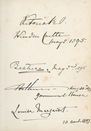 Lot #384 Royalty Guest Book: CROWNED HEADS: Handsome 19th-century album signed by more than 50 notables, including VICTORIA, the future EDWARD VII, and NICHOLAS and ALEXANDRA - Image 1