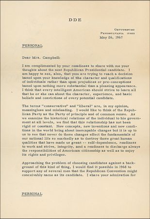 Lot #50 Dwight D. Eisenhower: Ike discusses the upcoming 1968 presidential election, his views on 'Conservatism