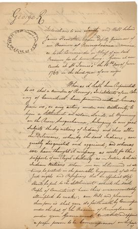 Lot #305 George III: “THE ... INDIANS ARE GREATLY DISQUIETED AND AGGRIEVED”: GEORGE III signs a decree ordering the removal of a Yankee settlement in Pennsylvania and fanning the flames leading to the bloody WYOMING MASSACRE - Image 1