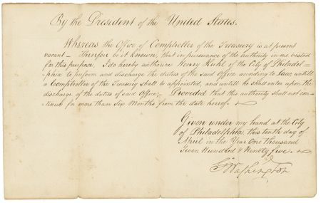 Lot #221 George Washington: CHECKS AND BALANCES: WASHINGTON appoints Alexander Hamilton?s former secretary as Comptroller of the Treasury - Image 1