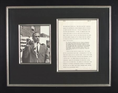 Lot #344 Malcolm X: ?THE WHITE MAN WITH THE BLOOD OF BLACK PEOPLE DRIPPING OFF HIS FINGERS?: MALCOLM X signs a page of the original typescript from his inflammatory 1963 Playboy interview - Image 1