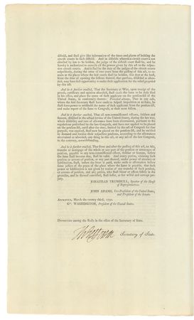 Lot #111 Thomas Jefferson: FOR SERVICE RENDERED: JEFFERSON signs one of 26 ?presidential? impressions of an historic act establishing benefits for veterans of the Revolutionary War - Image 1