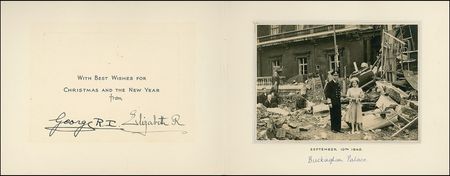 Lot #304 George VI and Elizabeth: STIFF UPPER LIPS: GEORGE VI and ELIZABETH sign a war-era Christmas card - Image 1
