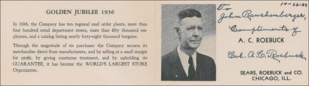 Lot #385. Alvah C. Roebuck: Pictorial business card signed by retail pioneer Alvah Roebuck