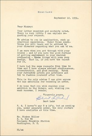 Lot #1037 Bert Lahr: “STUDIOUSNESS, CONCENTRATION, AND GOOD READING”: LAHR offers advice to an aspiring actor - Image 1