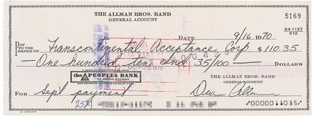 Lot #697 Duane Allman and Berry Oakley: WHEELS OF MISFORTUNE: Signed checks from motorcycle casualties DUANE ALLMAN and BERRY OAKLEY - Image 1