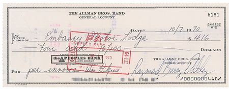 Lot #697 Duane Allman and Berry Oakley: WHEELS OF MISFORTUNE: Signed checks from motorcycle casualties DUANE ALLMAN and BERRY OAKLEY - Image 2