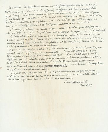 Lot #602 René Magritte: ?THE MYSTERY THAT IS THE TRUE IRRATIONAL?: Remarkable art-philosophical essay written by RENE MAGRITTE three months before his death - Image 1
