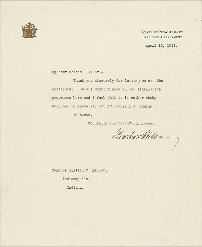 Lot 185 Woodrow Wilson: ?Working hard on our legistlative programme? during his brief tenure as Governor of New Jersey