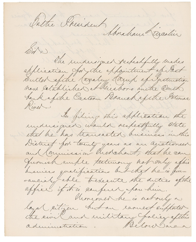 Lot 108 Abraham Lincoln: MERCHANT OF WAR: LINCOLN forwards an application for a ?sutler?