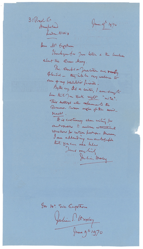 Lot 308 Julian Huxley Handwritten Letter Signed