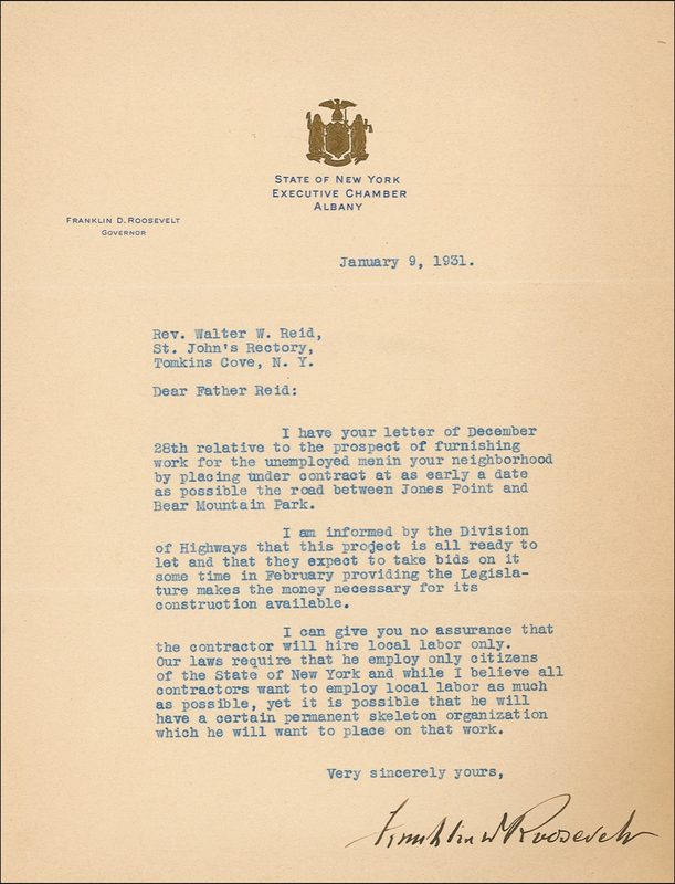 Lot 143 Franklin D. Roosevelt: Road construction jobs during the Great Depression: “I can give you no assurance that the contractor will hire local labor only”