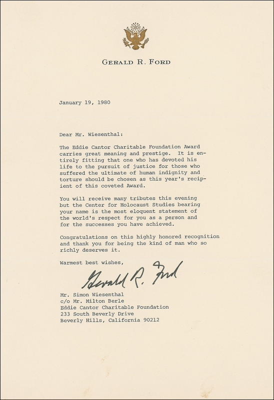Lot 61 Gerald Ford: Praising Wiesenthal on a prestigious honor: ?It is entirely fitting that one who has devoted his life to the pursuit of justice for those who suffered the ultimate of human indignity and torture?
