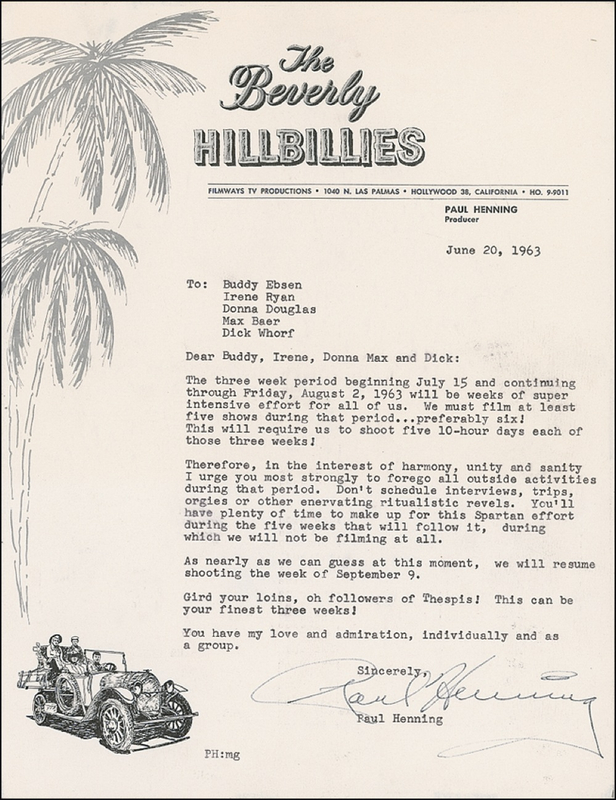 Lot 939 Beverly Hillbillies: Paul Henning: Hillbillies on notice: “Don’t schedule interviews, trips, orgies or other enervating ritualistic revels”