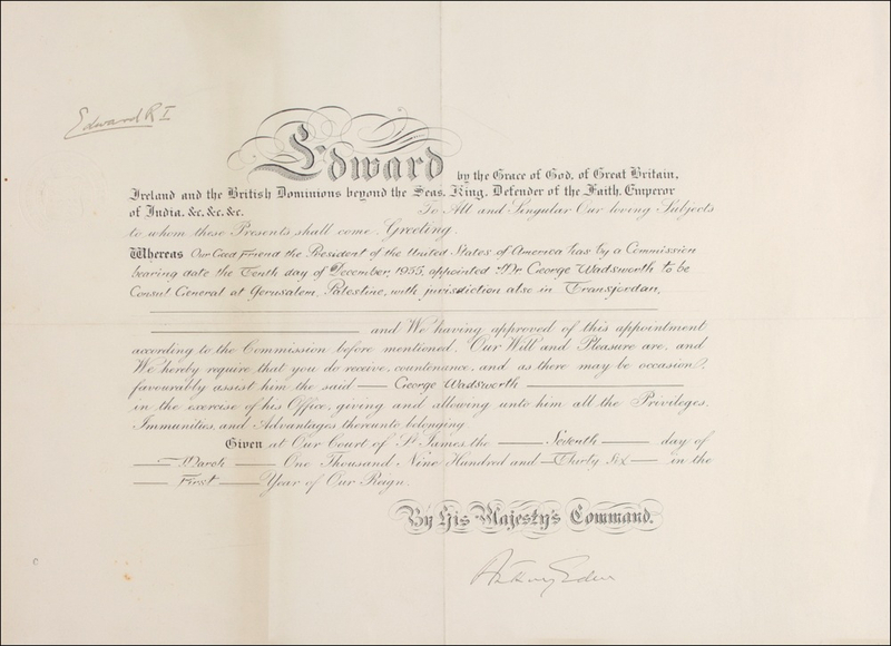 Lot 254 Edward VIII: THE KING WHO WOULD BE A MAN: EDWARD VIII approves a diplomatic appointment to Palestine during his brief reign on the throne