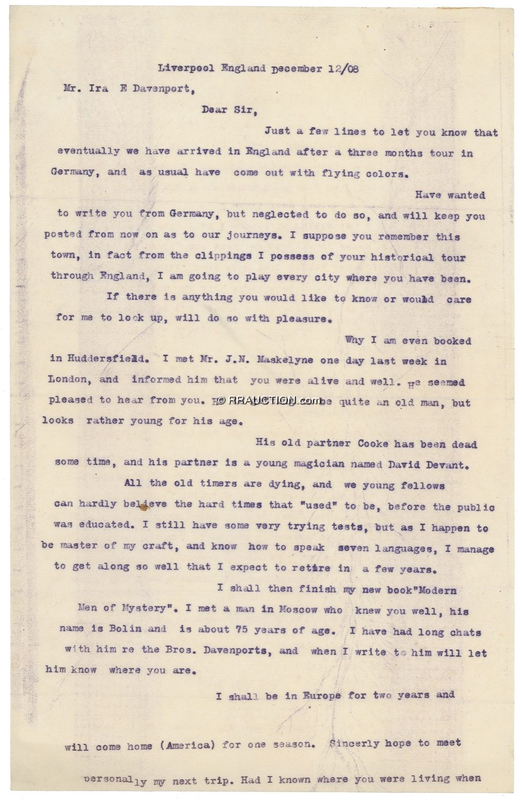 Lot 1082 Harry Houdini: Proclaiming himself ?master of my craft,? HOUDINI sends two letters to his friend, famed spiritualist IRA ERASTUS DAVENPORT, during his triumphant European tours of 1908?09