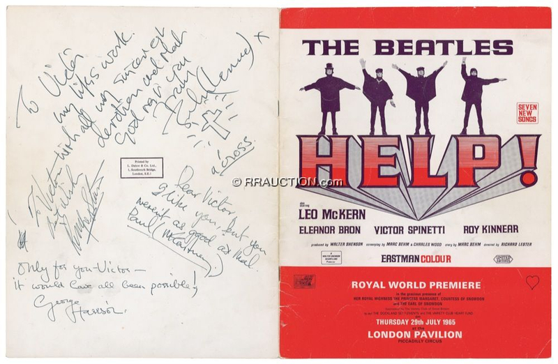 Lot 721 The Beatles: HELP! FROM HIS FRIENDS: Rare program from the world premiere of HELP!, inscribed by the FAB FOUR to their co-star, Victor Spinetti