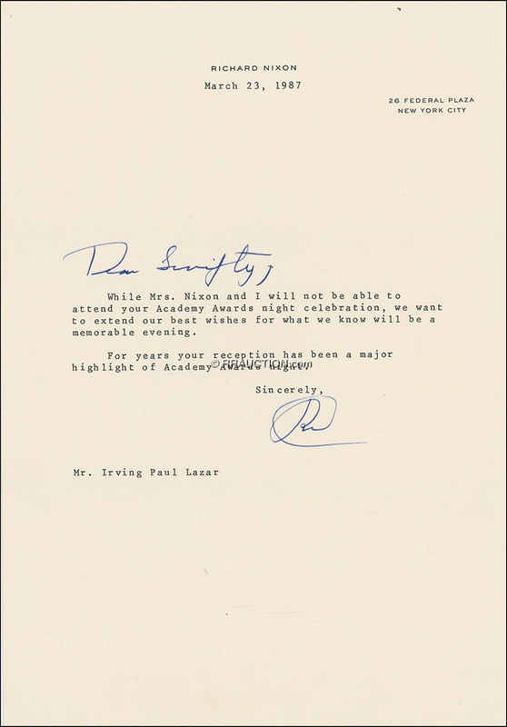 Lot 122 Richard Nixon: FROST/NIXON/SWIFTY: The former president writes to the legendary superagent who brokered his infamous 1977 television interview