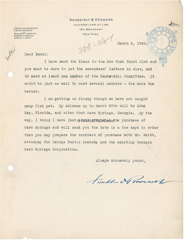 Lot 145 Franklin D. Roosevelt: “I think I have just about completed the purchase of Warm Springs”