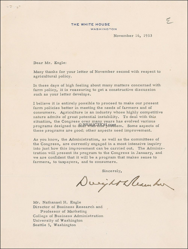 Lot 50 Dwight D. Eisenhower: ?Agriculture is an industry whose highly competitive nature admits of great potential instability?