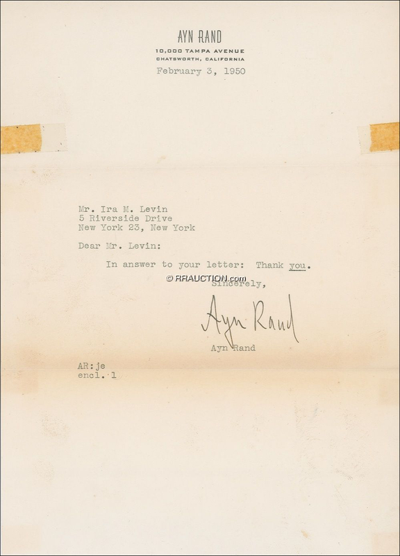 Lot 627 Ayn Rand: Sending thanks to the future author of Rosemary?s Baby and The Stepford Wives