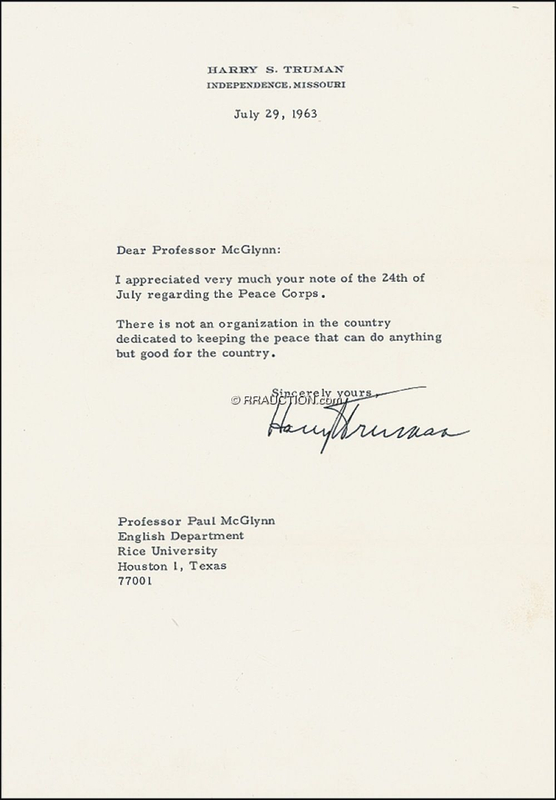 Lot 169 Harry S. Truman: Praising the Peace Corps