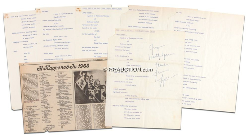 Lot 806 Janis Joplin: ?Sexual excitement ... flowing jaggedly into some electronic silver wand, a microphone?: JOPLIN signs a fan?s tribute poem published in Rolling Stone