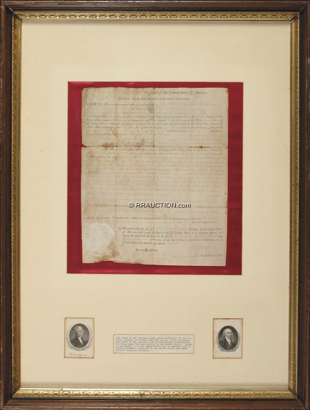 Lot 97 Thomas Jefferson and James Madison: Jefferson and Madison sign a land grant for military service