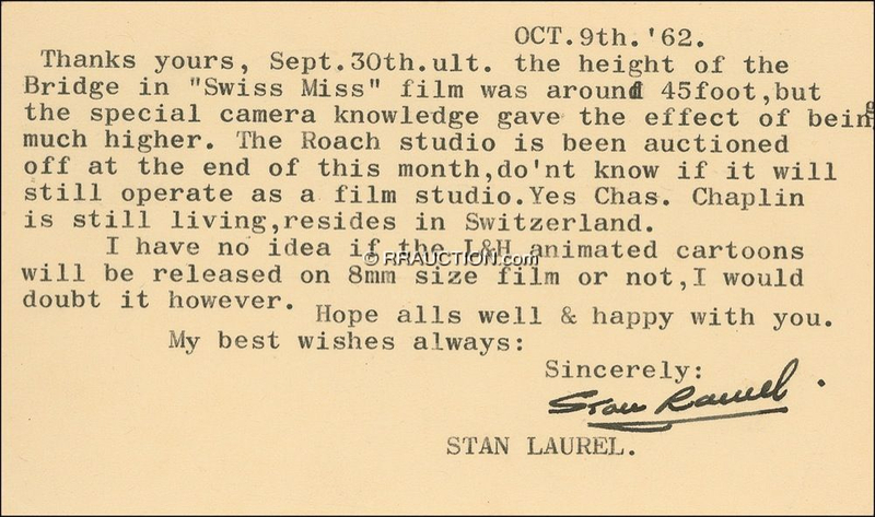 Lot 1111 Stan Laurel: On Swiss Miss, the Roach Studios, and Charlie Chaplin