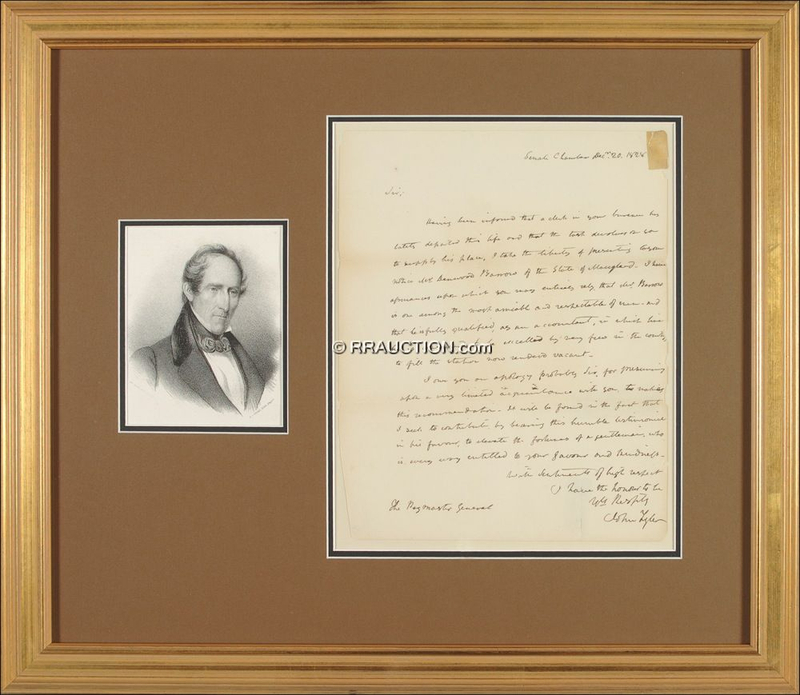 Lot 178 John Tyler: Seeking an appointment for a man “who is every way entitled to your favour and kindness”