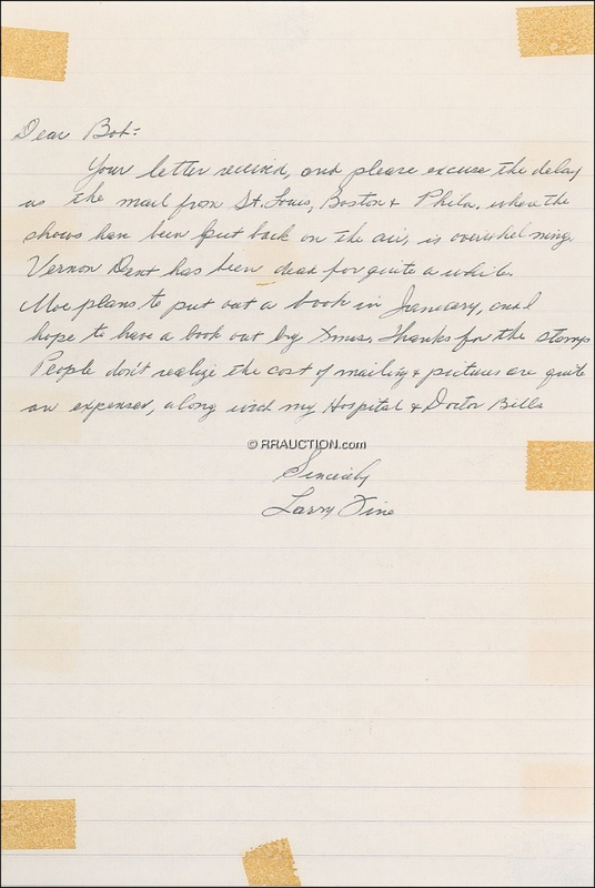 Lot 1255 Three Stooges: Larry Fine: ?The mail from St. Louis, Boston , & Phila. where the shows have been put back on the air, is overwhelming?
