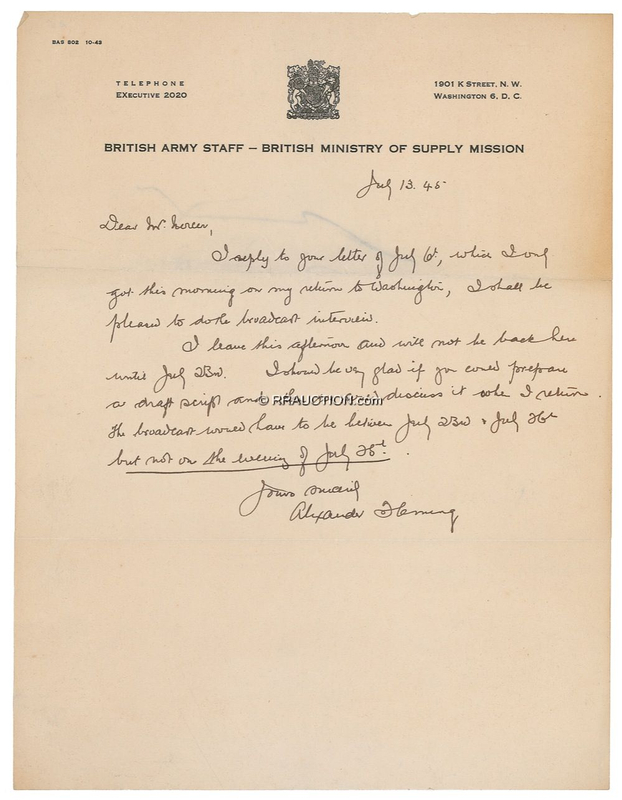 Lot 266 Alexander Fleming: GERM WARRIOR: FLEMING agrees to a wartime interview months before he would win the Nobel Prize