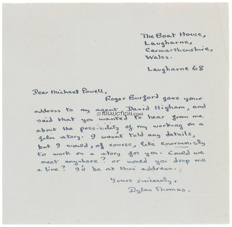 Lot 647 Dylan Thomas: To Oscar-nominated director Michael Powell: “I would ... like enormously to work on a story for you”